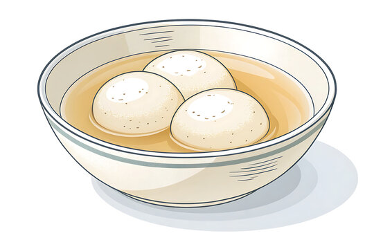 Indian rasgulla   three soft white rasgulla balls floating in a simple bowl of syrup, minimal vector illustration