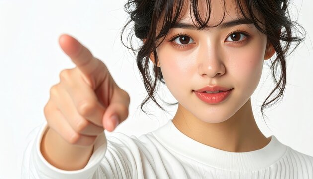 Close-up pointing gesture with extended index finger isolated on clean white