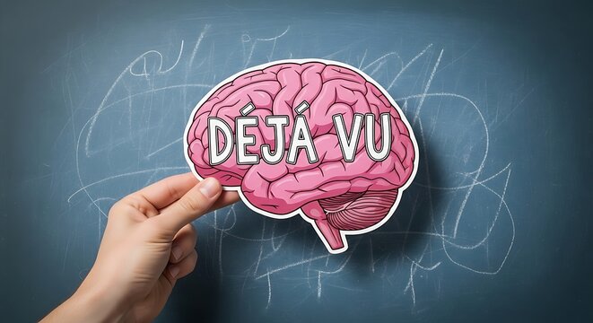 Hand holds pink brain cutout labeled deja vu on chalkboard
