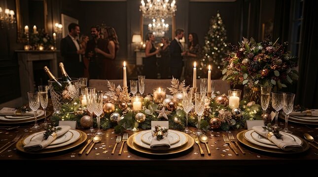 Elegant luxury New Year's Eve dinner party table setting with gold decorations, champagne, candles, and blurred guests celebrating in a grand ballroom for a festive 2026 holiday gala event