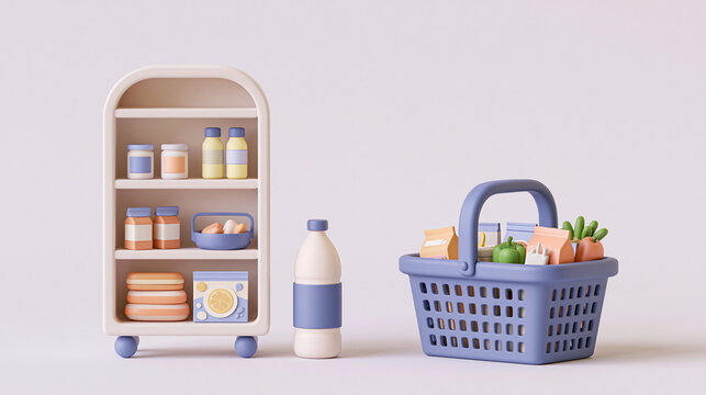 Minimalist 3d retail concept showing shopping basket with groceries next to store shelf with products, pastel colors