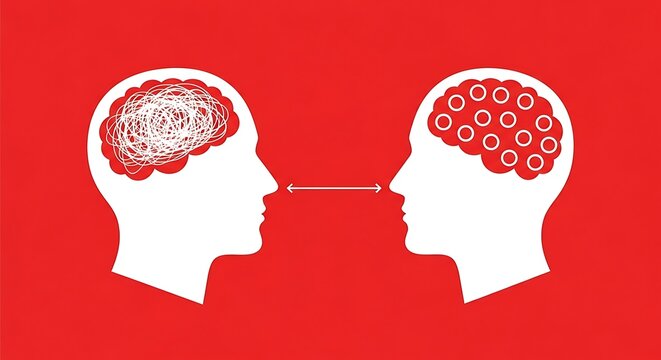Head icon set with two minds communicating on a red background