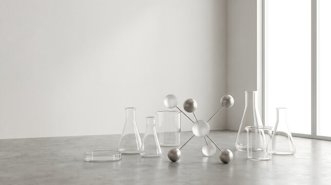 Minimalist scientific laboratory setting featuring Ace2 molecular structure model and glassware in bright light