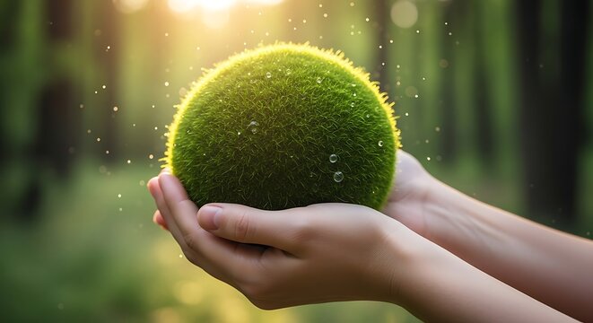 Human hands gently holding a vibrant green moss ball with water droplets