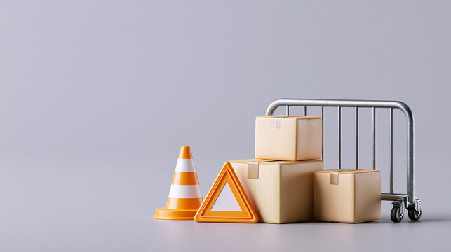 Public safety concept showing cardboard boxes, traffic cone, and warning sign with temporary barrier