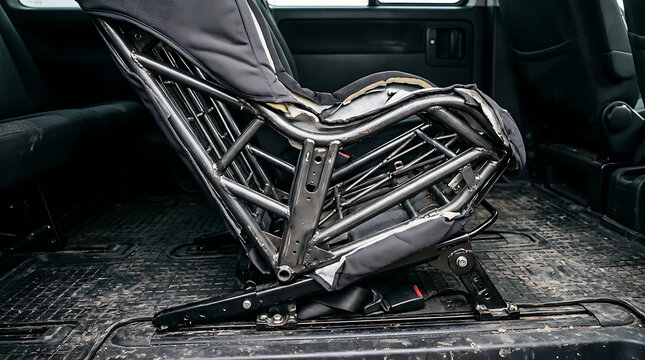 Exposed metal frame of a vehicle seat with damaged upholstery inside a van