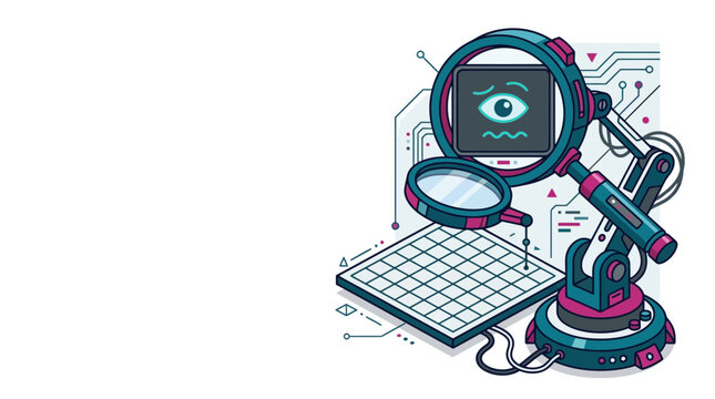 Modern isometric illustration of a robotic arm holding a magnifying glass with a worried eye on screen, conceptualizing digital surveillance and data privacy.