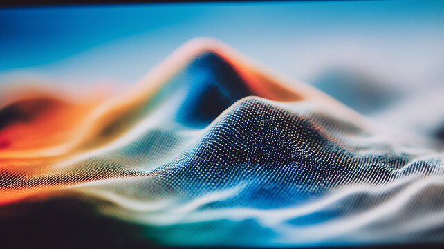 A flowing field of digital particles forms an abstract wave representing data visualization technological motion and connected information.
