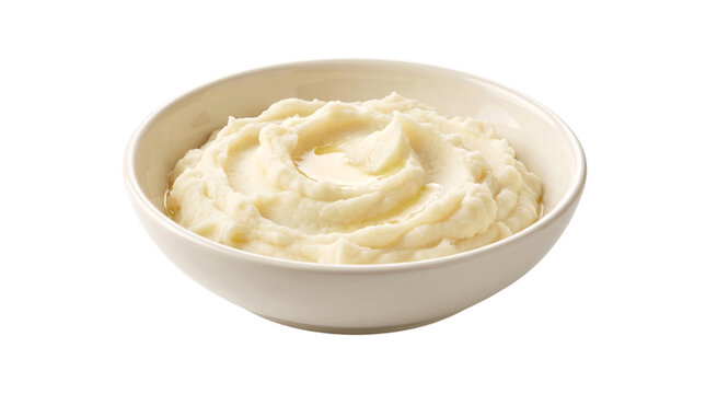 Smooth mashed potatoes in a white bowl with isolated on transparent background