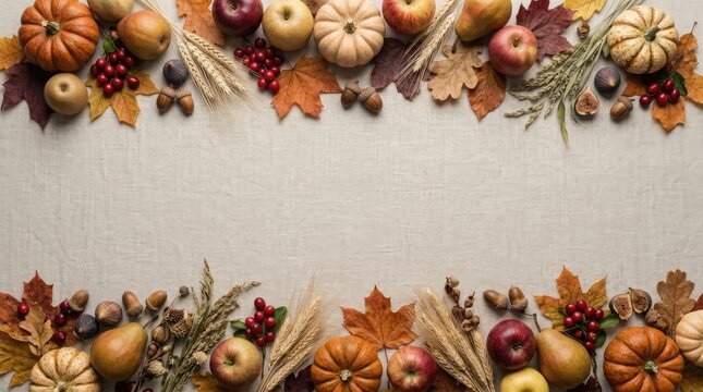 Autumnal floral garland with pumpkins and dried flowers on a neutral background