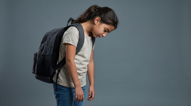 Sad schoolgirl with heavy backpack looking down.
