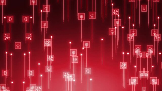Animated red color glowing nodes connected by lines moving upwards digital document and cloud storage futuristic design black technology background