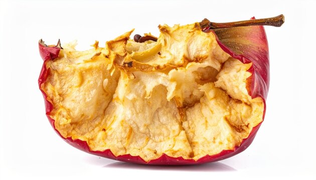 Heavily eaten red apple core with natural bite marks isolated on white