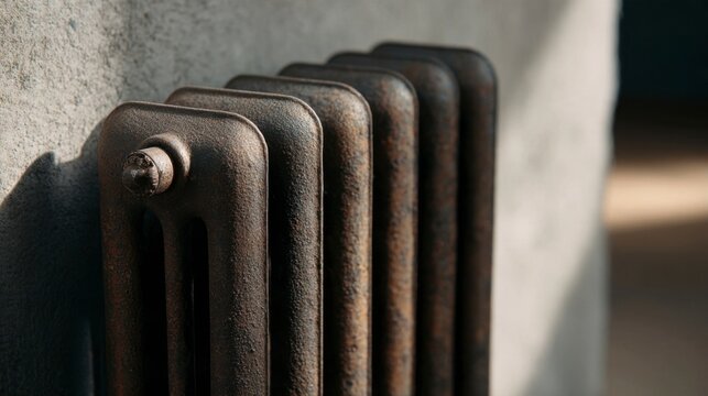 Old rusty radiator heater attached to a concrete wall indoors