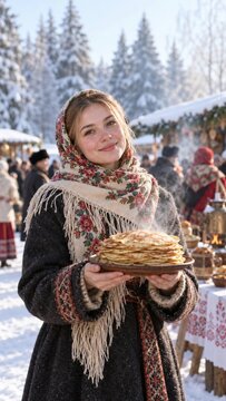 Smiling young woman in floral shawl holding plate of steaming pancakes at snowy maslenitsa fair, russian folk holiday