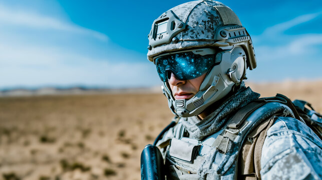 A soldier in a desert environment wearing a helmet with a visor and a camouflage uniform