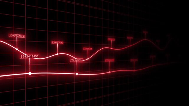 Animated red color moving  business concept advanced data binary code dashboard display black stock market background