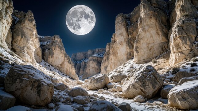 Large full moon shines over winter canyon landscape. Huge stone cliffs, rocks covered with white snow under dark night sky. Cold desert scenery with mountain formations, moonlight glow. Peaceful