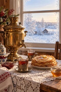 Brass samovar, tea in glass holders, stack of pancakes with butter, jam, honey on lace tablecloth at frosty winter window