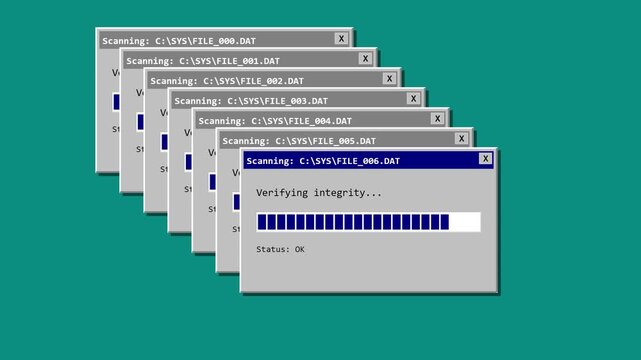 Retro operating system interface showing multiple scanning windows