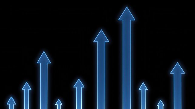 Graph showing upward trend with blue arrows pointing up on black background