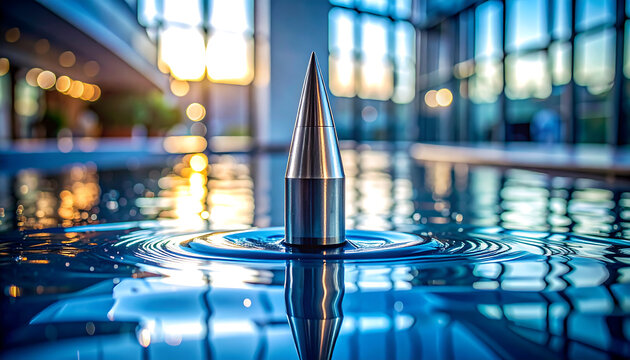 Modern metallic cone sculpture creating ripples in blue water with reflections of building windows and lights