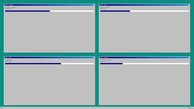 Retro computer window with blue loading progress bar animation
