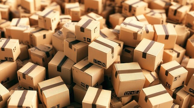 Many cardboard boxes stacked together in a messy arrangement in a warehouse setting during the day