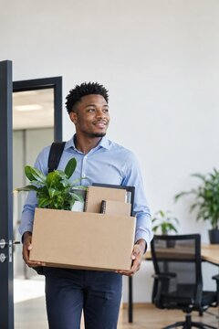 Smiling young african man carrying cardboard box with plant, folders in new office, first day at work, new job