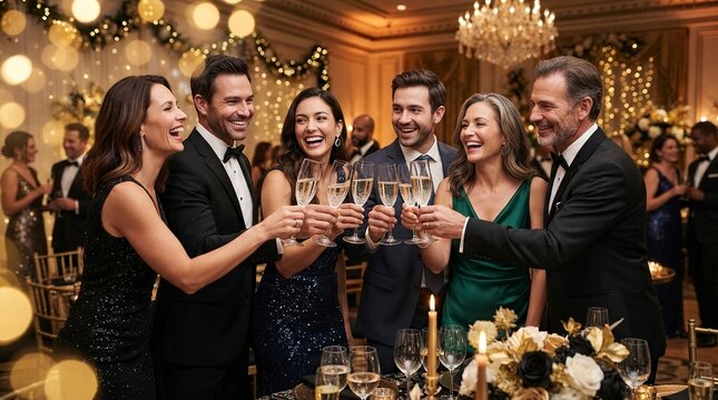 A group of elegant adults in formal attire clinking champagne glasses and celebrating New Year's Eve party at a luxury ballroom with golden bokeh lights, festive decorations, and joyful atmosphere.