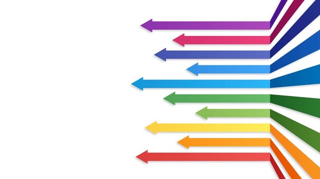 4K seamless loop of ten 3D solid rainbow arrows fanning out from the right, sliding through deep perspective, and stopping in a staggered horizontal formation on the left. Clean corporate design for b