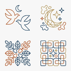 Fototapeta premium Creative Colorful Abstract Line Art Design Featuring Birds Leaves Stars and Geometric Patterns in Brown Gold and Blue