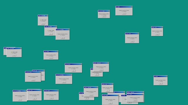 Retro computer system error windows floating on a teal background
