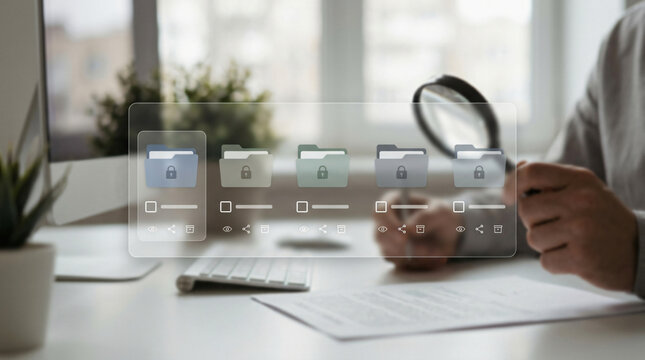 Corporate document management system privacy terminal slide template virtual secure file folders checkboxes blurred manager hand holding magnifying glass keyboard photo layout design
