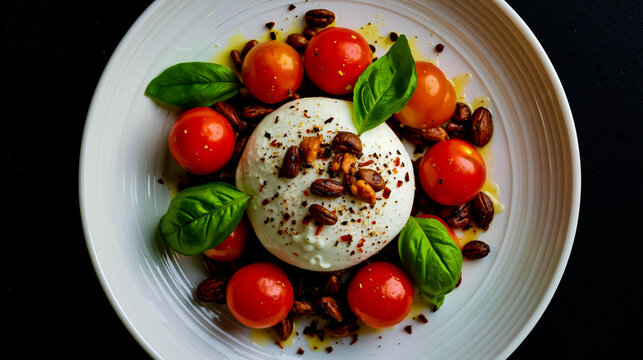 A white plate with a creamy white substance tomatoes basil leaves and nuts