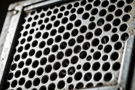 Close-up of dirty ventilation grill on old computer case. Dusty metal mesh covers cooling system with grime, lint. Hardware component needs maintenance repair due to heavy dust accumulation, lack of