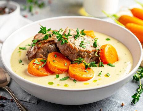 Blanquette de veau, veal with cream, carrot and herbs, French cuisine. AI