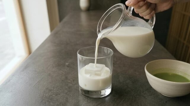 Milk pouring over ice in glass for homemade matcha latte