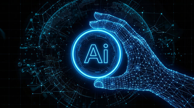 Global data science interface screen template glowing neon blue circle icon logo letters Ai floating human hand overlay wireframe node paths dark cyberspace background vector