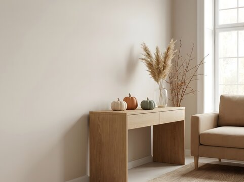 Minimalist fall interior wall mockup with wooden console table, autumn pumpkin decor, pampas grass vase,