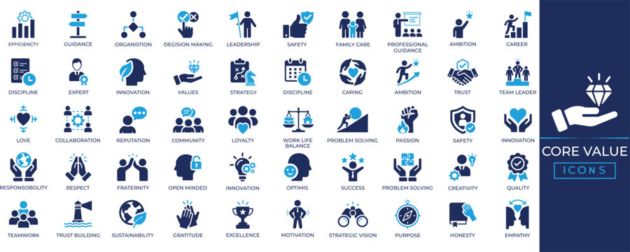 Core values vector icon set featuring company principles, diversity, collaboration, vision, mission, sustainability, and corporate culture symbols.