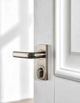 Modern brushed metal door handle on a white wooden door panel in a bright interior home setting