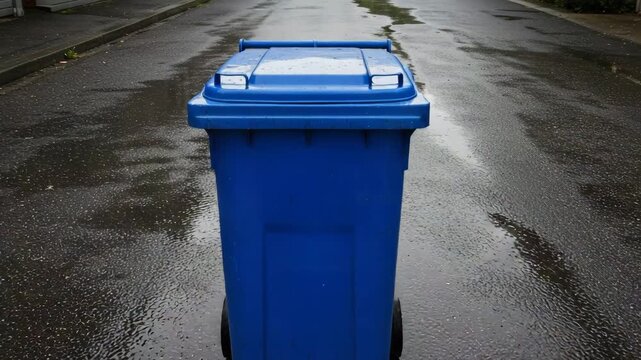 Blue trash bin on a wet street after rain  