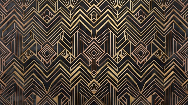 Art deco zigzag pattern with gold metallic lines and fan shapes on black background for luxury interior wallpaper.