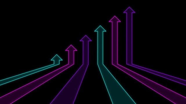 4K seamless loop 3s fast wireframe 3D arrows on pure black. Glowing cyan, magenta, and purple neon lines representing big data transfer, AI, and cloud server networks.