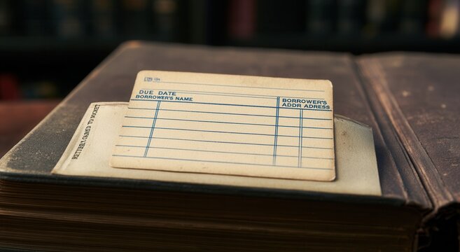 Library card placed on top of an open book in a library setting
