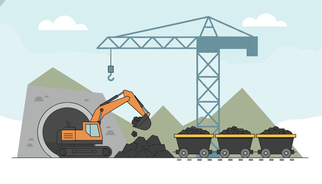 Industrial mining site illustration featuring an excavator loading coal into mine carts inside a tunnel with a construction crane.