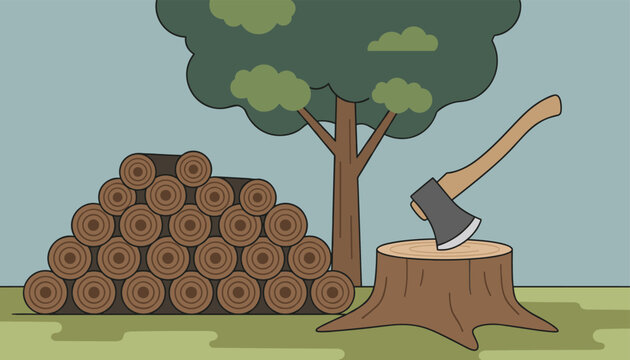 Forest scene showing a large pile of cut wooden logs and an axe stuck in a tree stump next to a tall leafy tree in the yard.