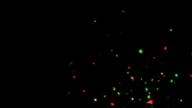 Colorful yollow,red,green confetti explosion animation isolated on black background, vibrant party paper pieces, festive celebration, realistic 3D confetti blast with alpha matte channel, 4K