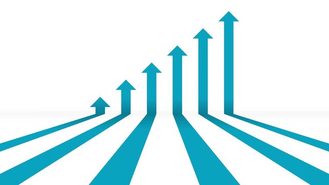 Six staggered 3D teal arrows slide forward and fold upwards on a clean white wall, creating a rising staircase effect. seamless loop for financial growth and business momentum concepts.